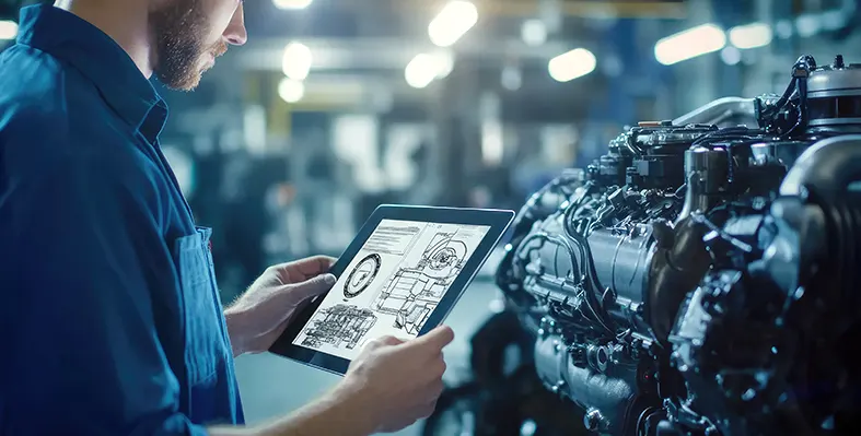 A technician reviewing OEM schematics on a tablet while standing next to a newly assembled vehicle engine.