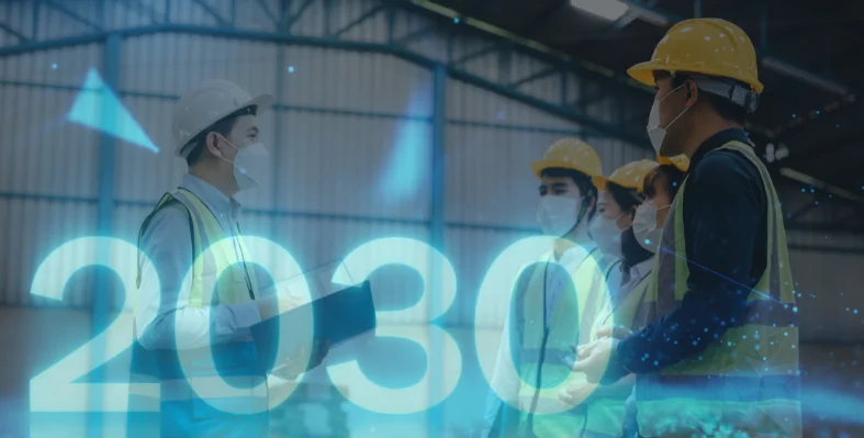 Workers wearing PPE in a warehouse overlaid with glowing numbers