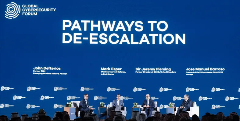 A panel discussion at the Global Cybersecurity Forum on de-escalation strategies.