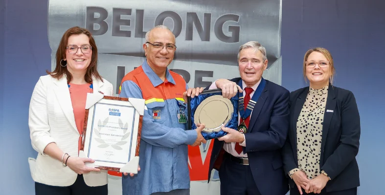 Alba's Chief Executive Officer, Ali Al Baqali, RoSPA's Life President, Lord Jordan of Bournville, and CEO, Rebecca Hickman, on 23 January 23, 2025, at Alba's SHE Hall.