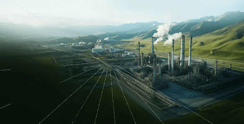 A_rendering_of_a_power_plant_in_a_mountainous_landscape.