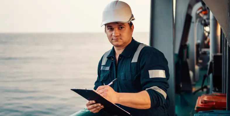 Image of a man with a helmet and clipboard on an offshore rig