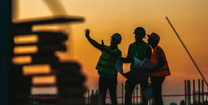 Three construction workers on a construction site at sunset.