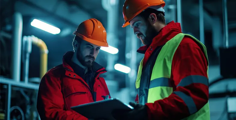 Two workers collaborating on technical tasks while examining a tablet