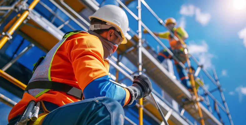 Man with hard hat and mask on scaffolding, with another man in the background