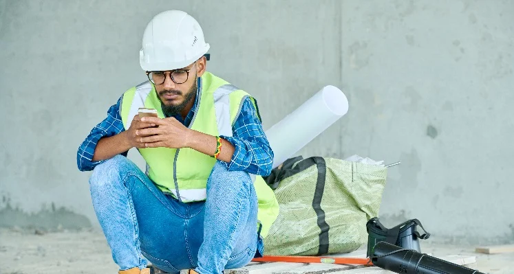 picture of a construction worker with mobile