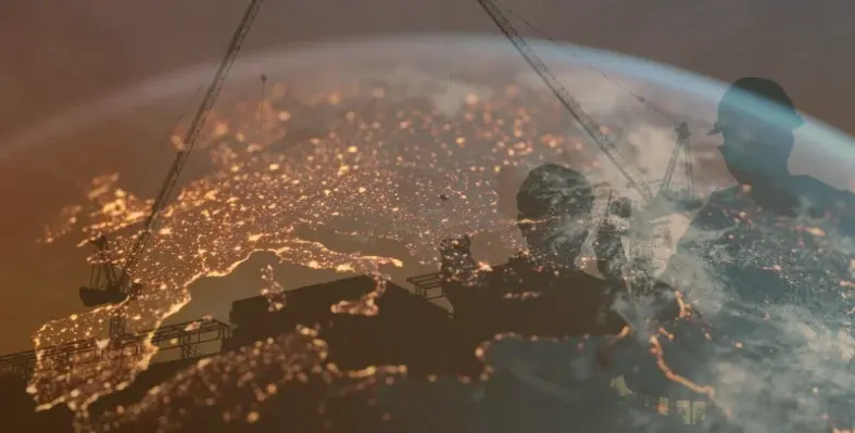 A digital recreation of Earth, focused on Europe, overlaid with the silhouette of construction workers on a jobsite.
