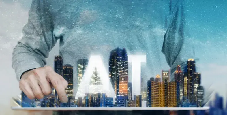 A digital rendering of a skyline overlaid with the letters AI.