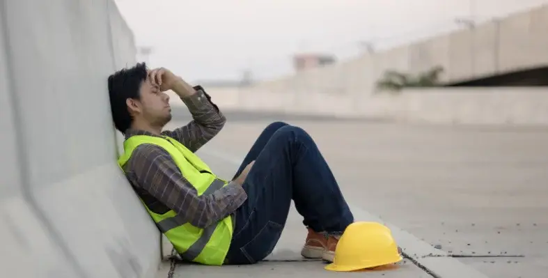 A construction worker in shade, holding his hand to his head.