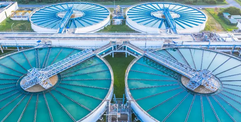 Aerial view recirculation solid contact clarifier sedimentation tank, Water treatment solution, Industrial water treatment