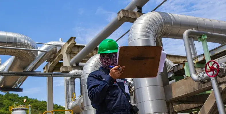 A worker in a green hard hat examining pipes on a construction project.